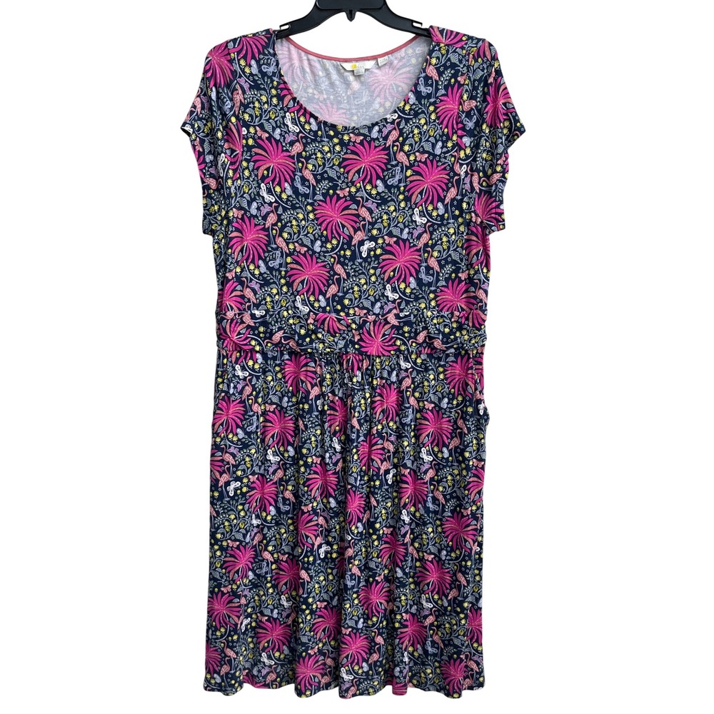 Boden Womens Plus Sz 20/22R Tropical Flamingo Palm Jersey Pocket Dress Navy Pink